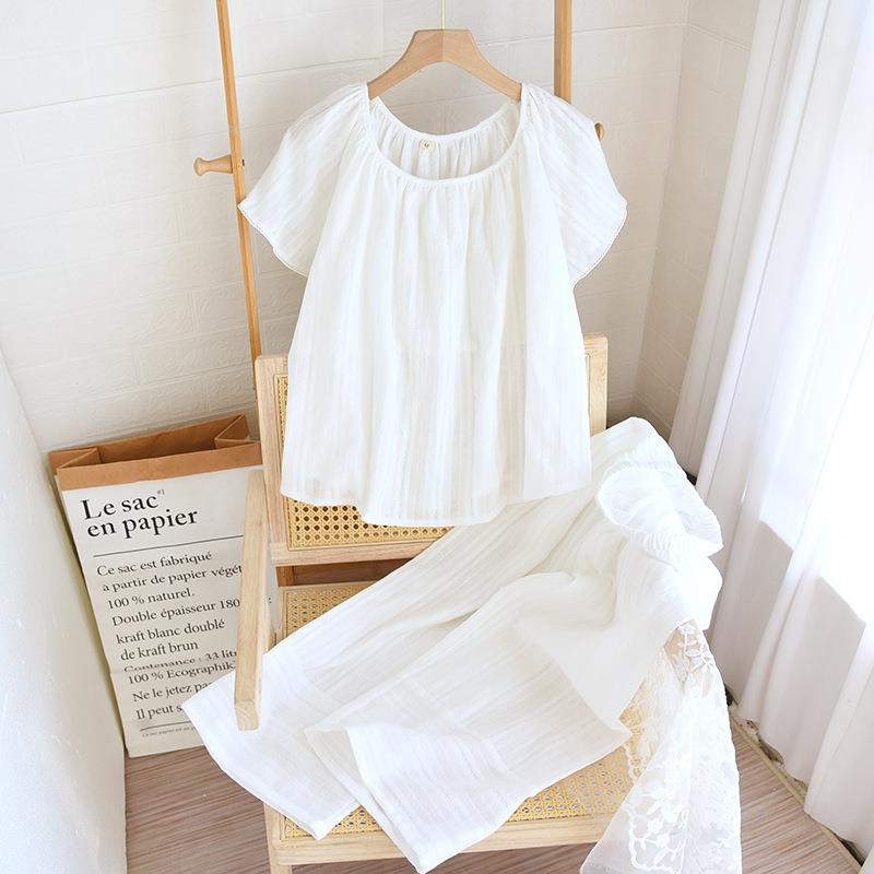 HEARMES 夏季家居服宽松女圆领提花韩版短袖简约风薄款纯棉睡衣