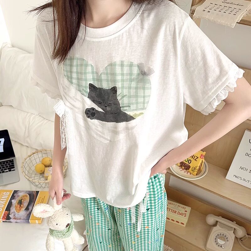 HEARMES 韩国猫咪睡衣女款夏绿色格纹短袖长裤休闲宽松家居服套装