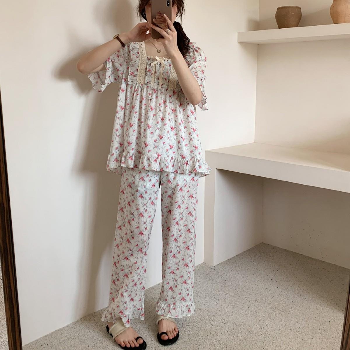HEARMES 夏季韩系小碎花睡衣女 方领蕾丝蝴蝶机宽松遮肉显瘦家居