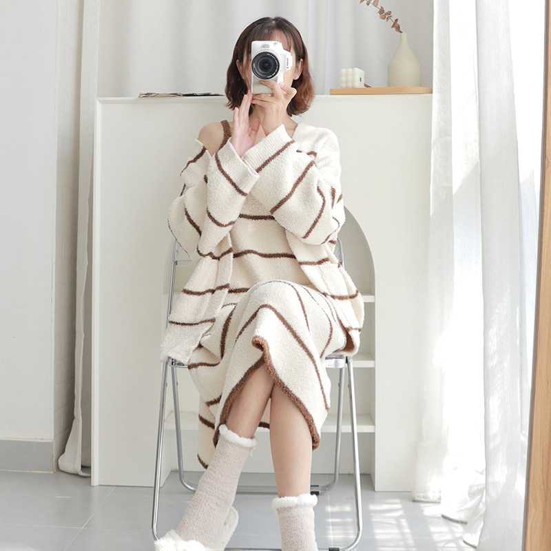 HEARMES 睡衣女士秋冬季半边绒加厚吊带睡裙条纹珊瑚绒家居服套装