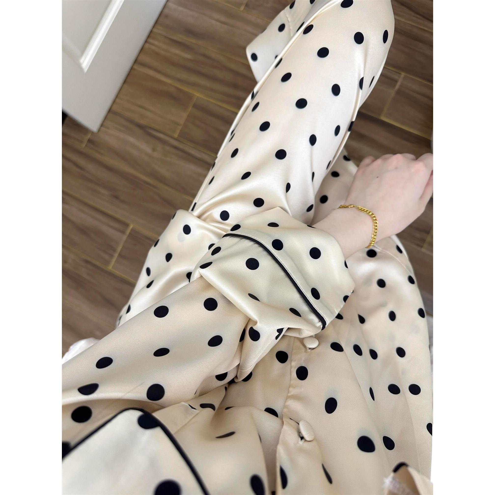 HEARMES 波点真丝睡衣女新款长袖长裤高级感冰丝甜美家居服套装