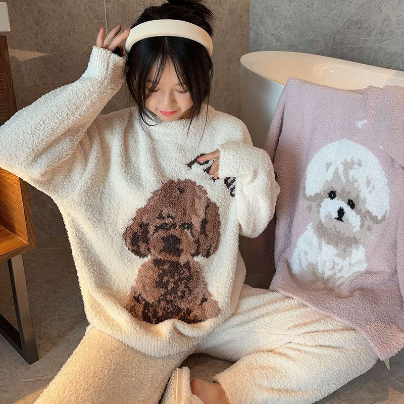 HEARMES 泰迪狗狗可爱卡通半边绒睡衣女冬软绵绵加厚珊瑚绒家居服