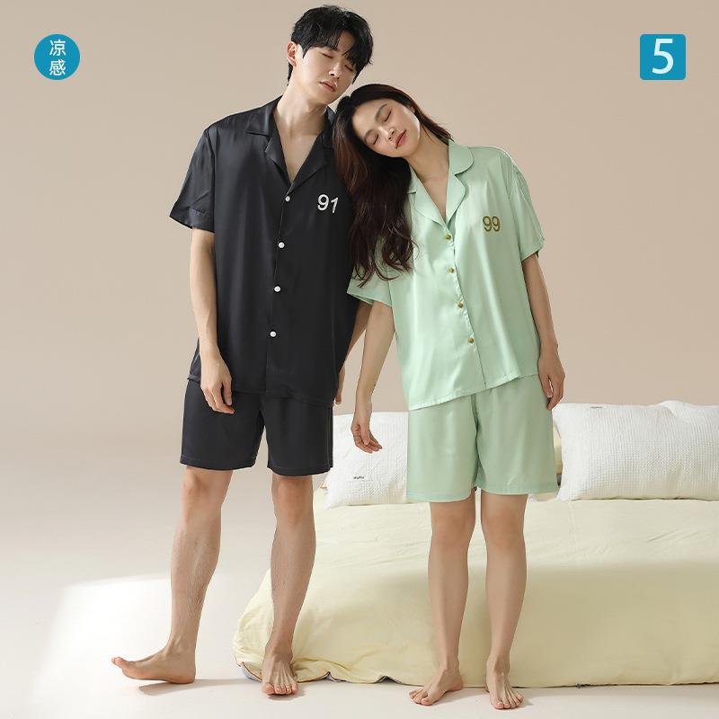 HEARMES【冰雪丝】夏季薄款冰丝睡衣情侣凉感真丝男女家居服套装
