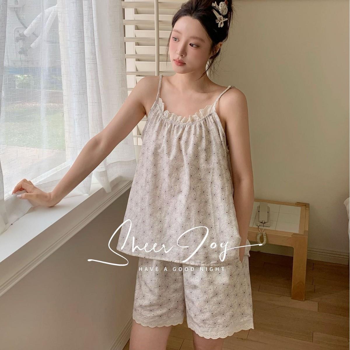 HEARMES 夏季纯棉纱布吊带短裤睡衣甜美森系家居服软糯小清新居家