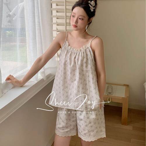 HEARMES 夏季纯棉纱布吊带短裤睡衣甜美森系家居服软糯小清新居家