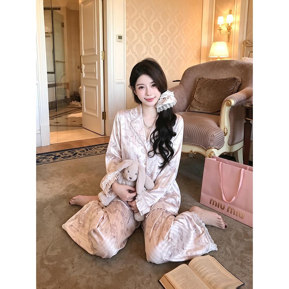 HEARMES 粉色条纹猫咪冰丝睡衣女春秋季长袖家居服夏天短袖三件套