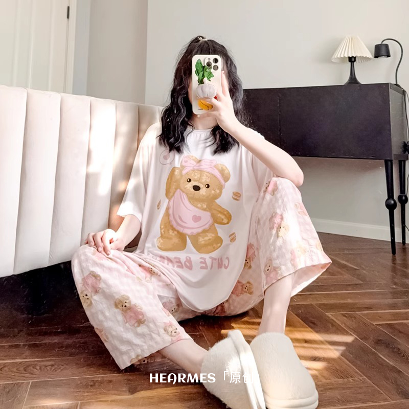 HEARMES 夏季莫代尔睡衣女短袖长裤日系薄款可外穿凉感可爱家居服