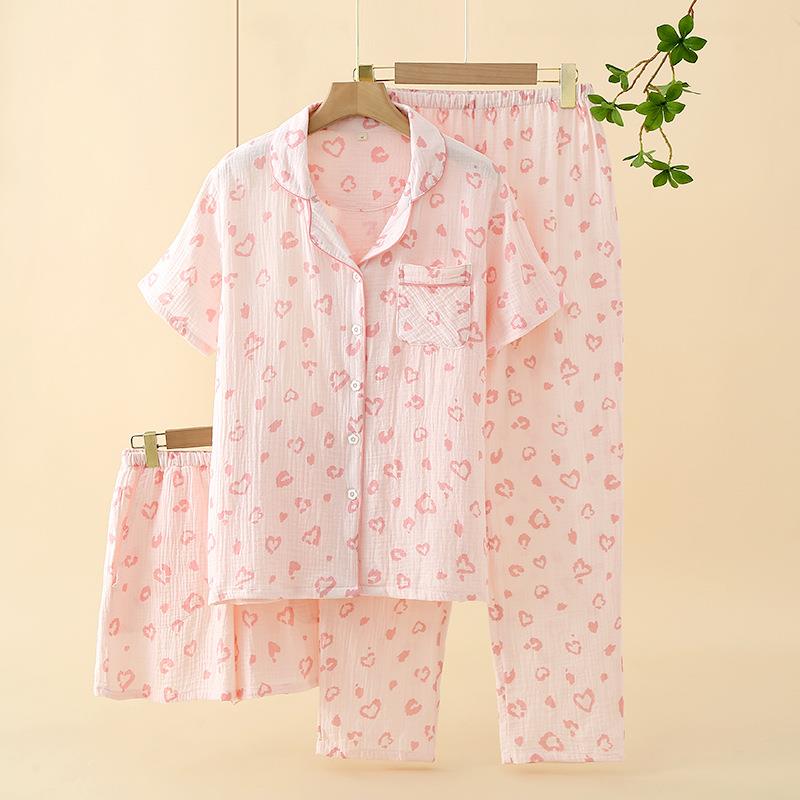 HEARMES 女士绉棉纱短袖长裤短裤三件套春夏秋薄款棉质睡衣家居服