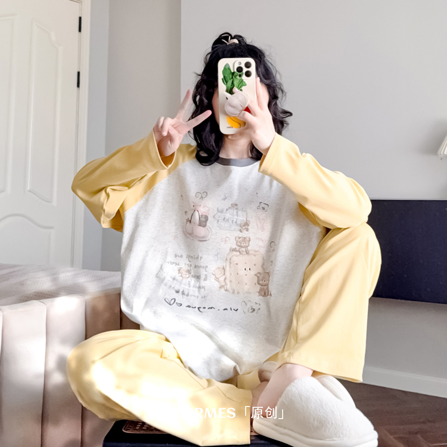 HEARMES 插肩袖睡衣女纯棉春秋可爱宽松日系休闲简约学院风家居服