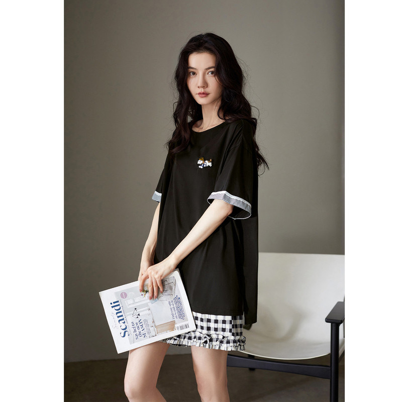 HEARMES 睡衣女夏季夏天短袖短裤莫代尔卡通小狗格子家居服高级感