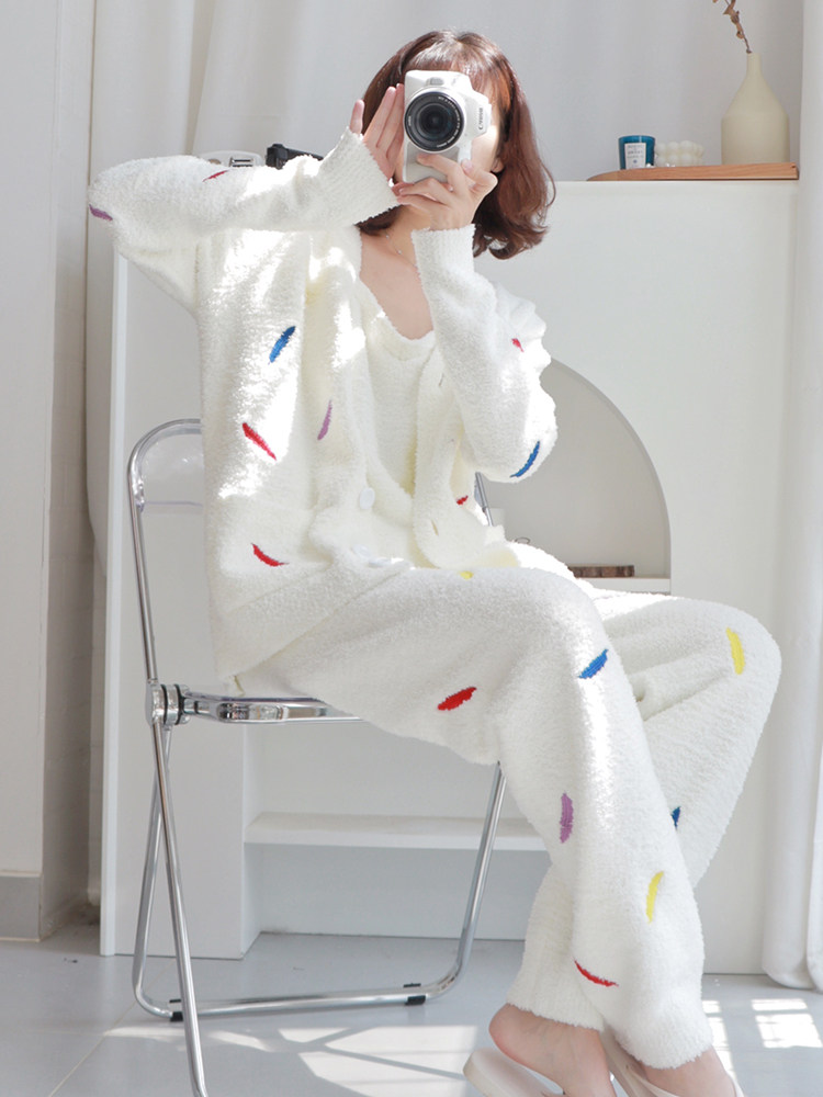 HEARMES JAPANESE PAJAMAS WOMENS FALL|WINTER CORAL DOWN FEATHER THREE-PIECE WINTER THICKENED FLEECE LOUNGEWEAR
