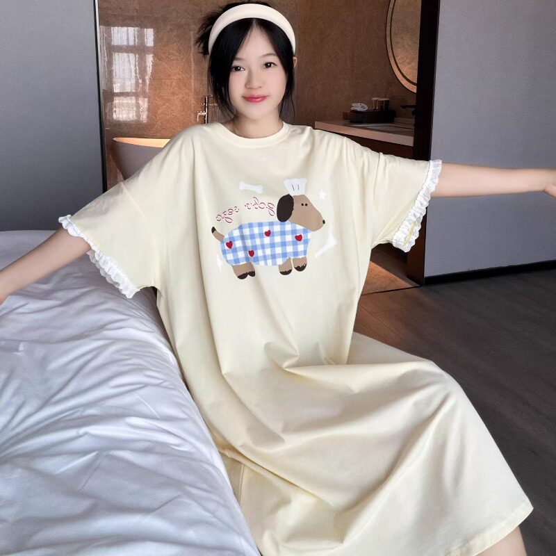 HEARMES 格子小狗短袖纯棉睡裙女夏中长款大码可爱睡衣纯棉家居服