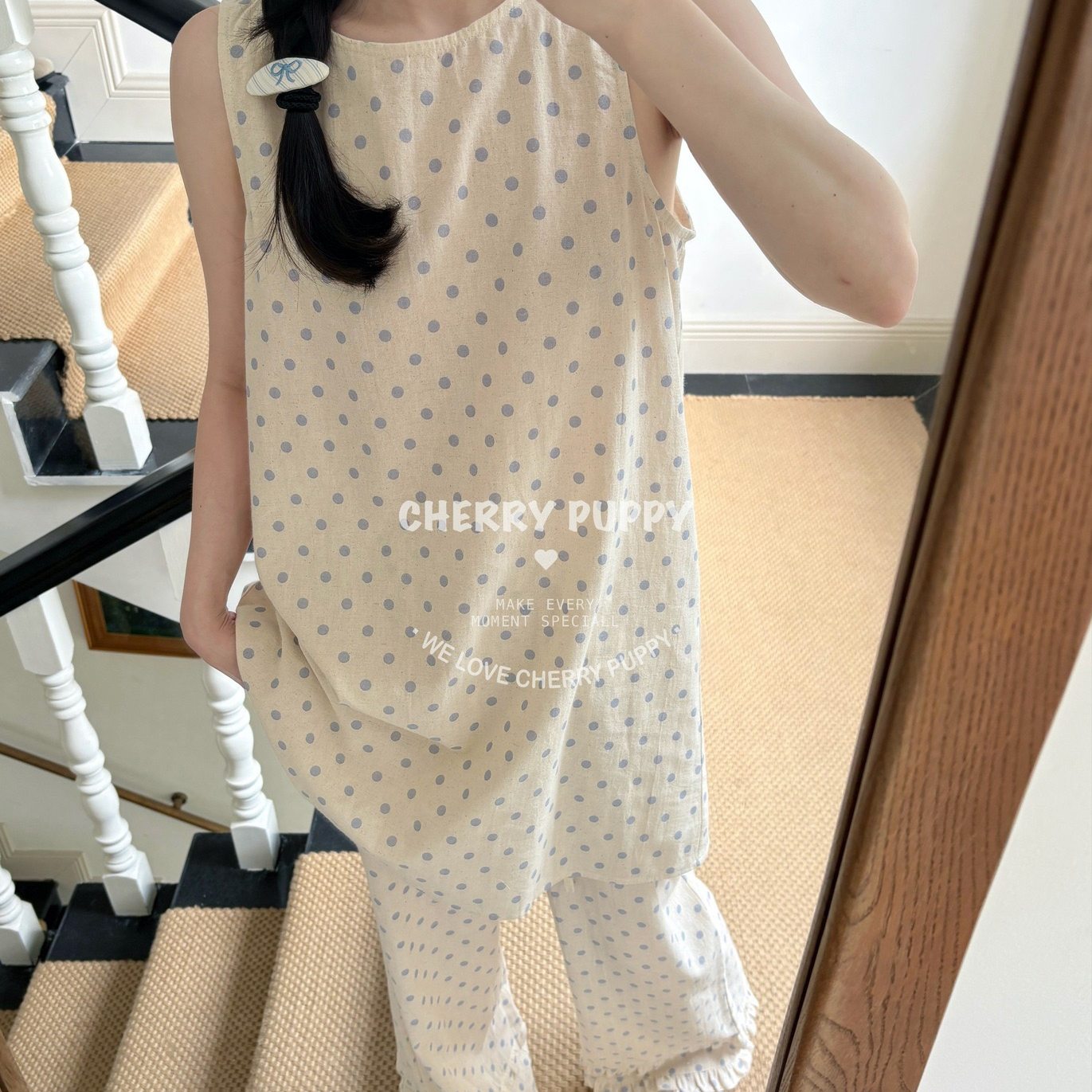 HEARMES 奶霜波点温柔棉麻无袖长裤睡衣夏季宽松舒适韩居服可外穿
