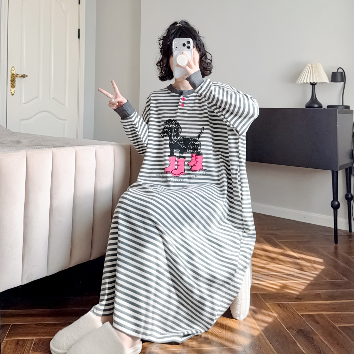 HEARMES 长款大码睡裙秋冬季纯棉胖mm睡衣女长袖条纹卡通孕妇睡裙