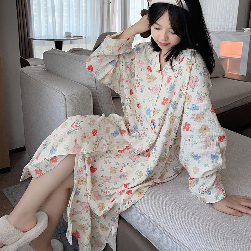 HEARMES 纯棉纱布开衫长袖睡裙睡衣女春秋长款大码孕妇甜美家居服