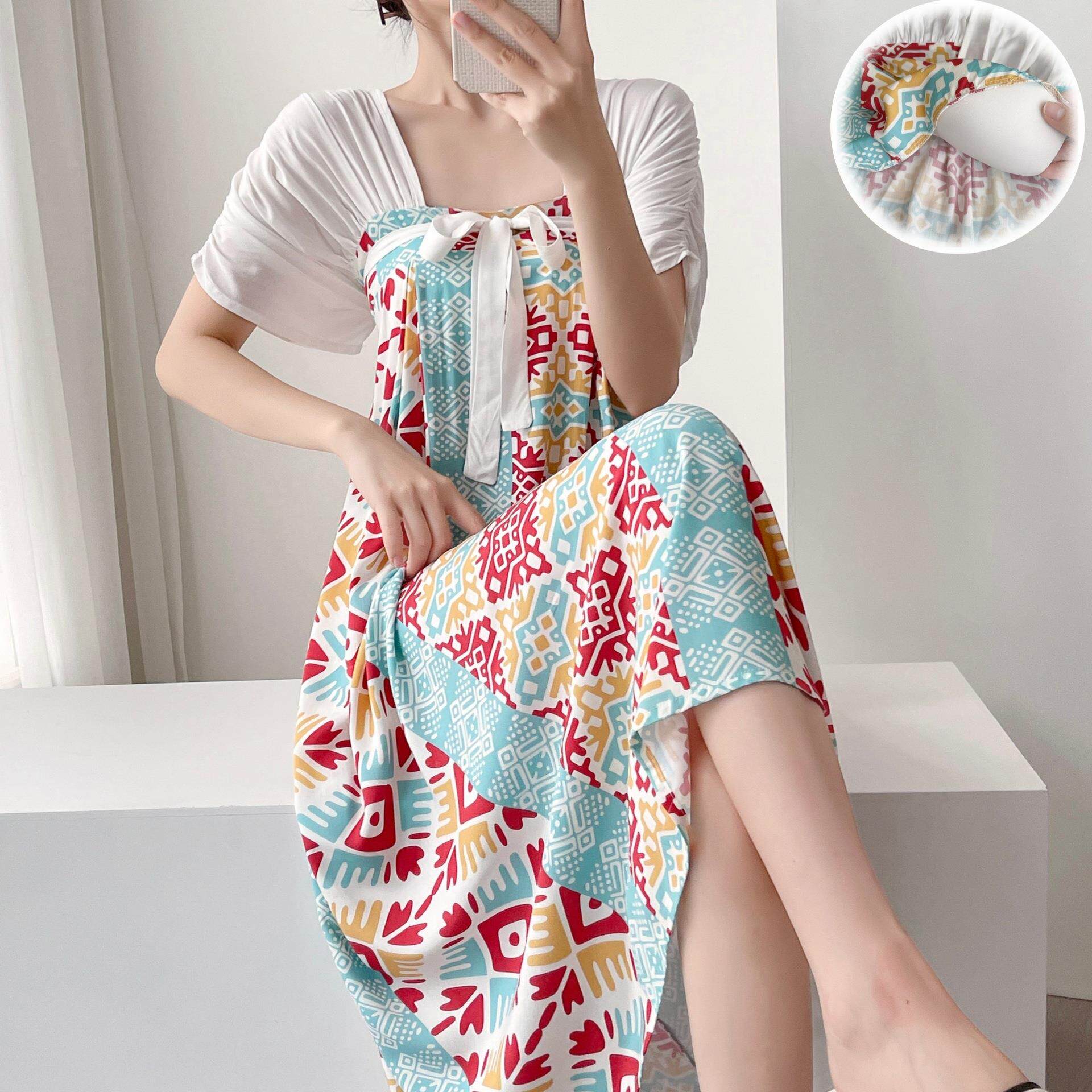 HEARMES 家居服睡裙短袖棉绸宽松大码可外穿夏天棉绸复古汉服长裙