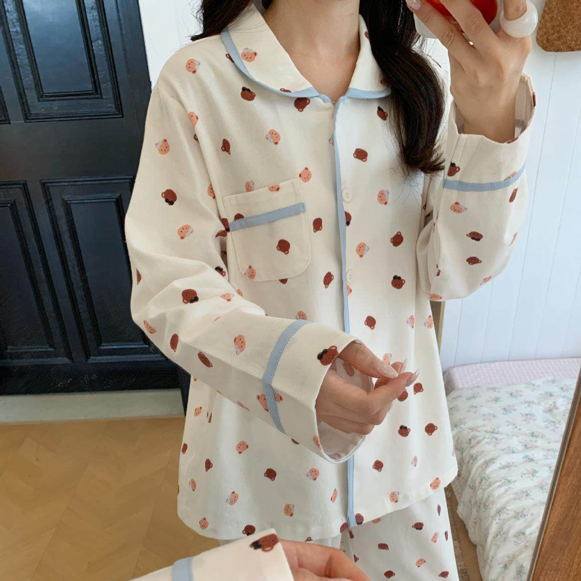 HEARMES纯棉磨毛撞色翻领睡衣二件套秋季亲肤舒适家居服套装柔软