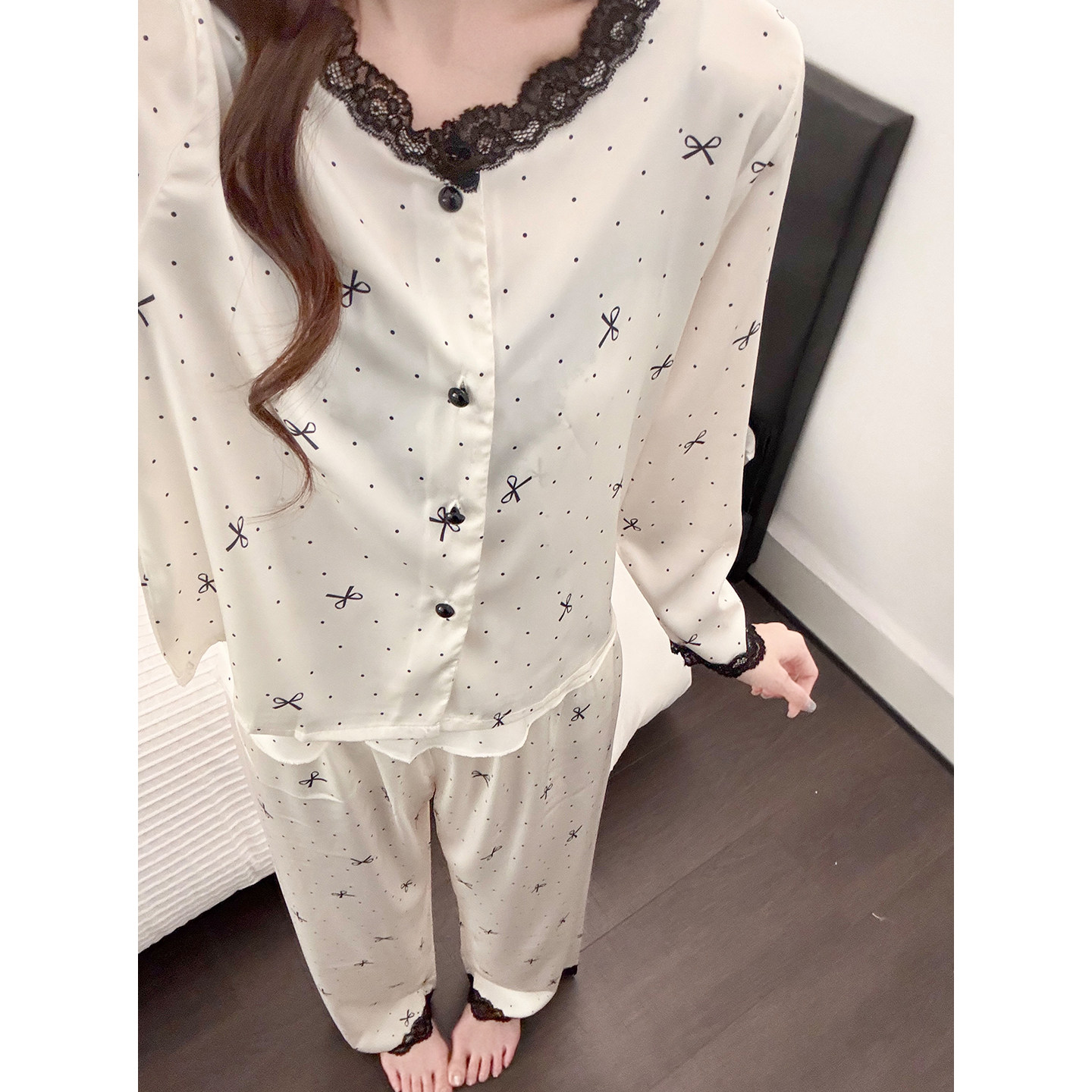 HEARMES 春秋女款长袖吊带睡衣三件套蝴蝶性感蕾丝边冰雪丝家居服