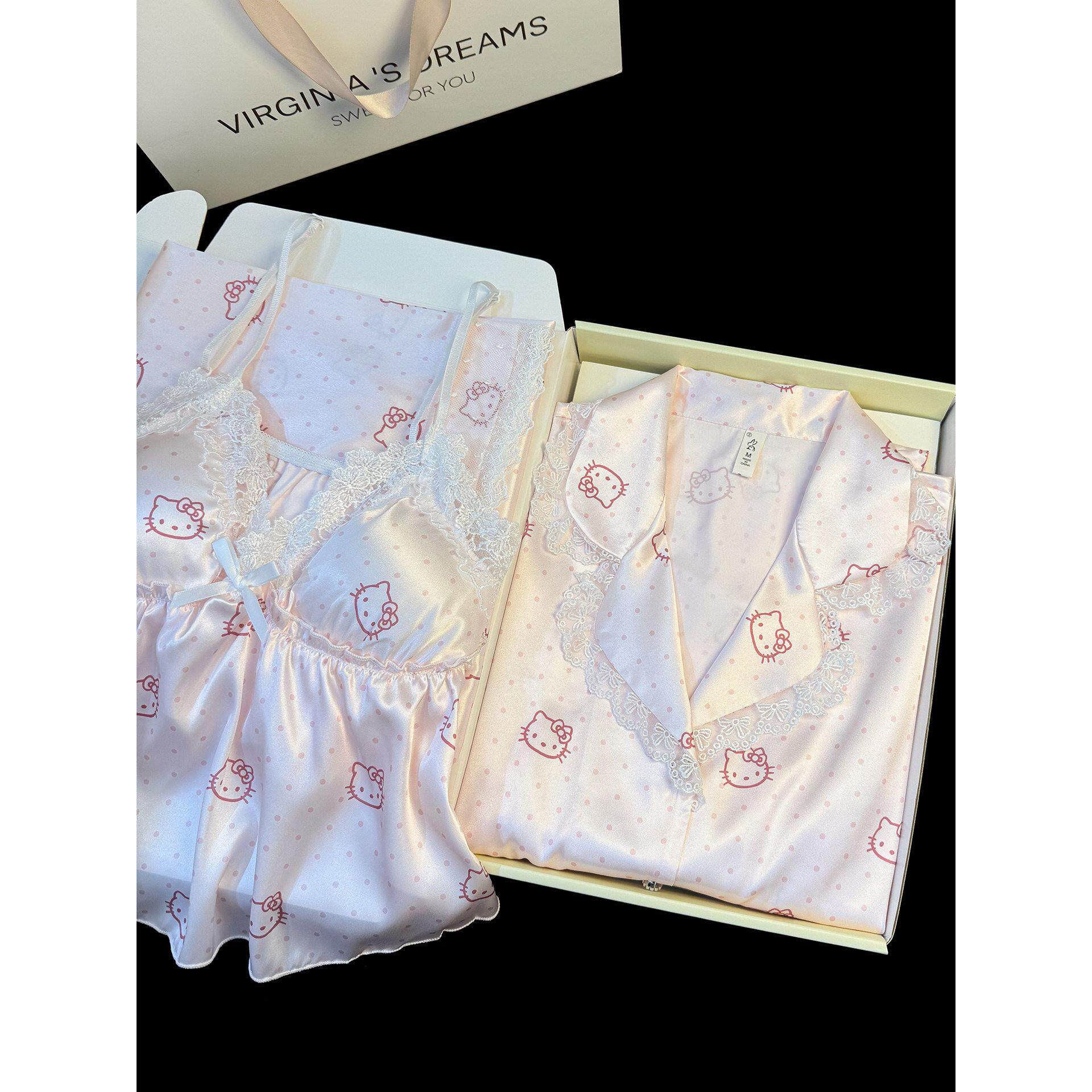 HEARMES 甜美KT冰丝睡衣女夏季短袖吊带蕾丝边带胸垫家居服四件套