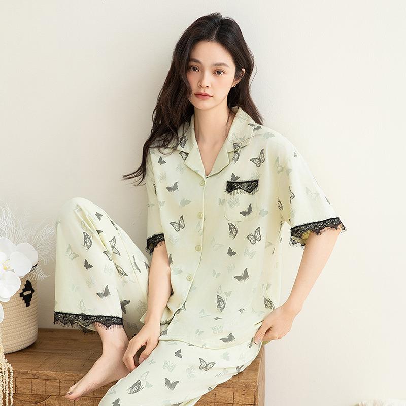 HEARMES 夏季女士睡衣棉质短袖长裤休闲舒适可爱家居服套装可外穿