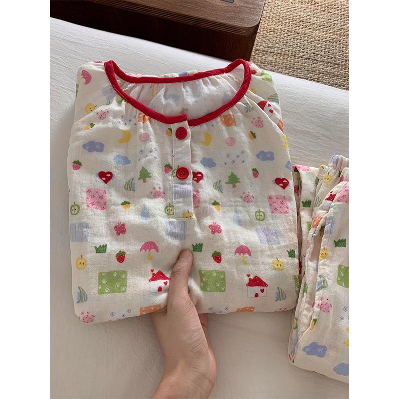 HEARMES 韩系甜美长袖睡衣女春秋款大码草莓印花家居服套装可外穿
