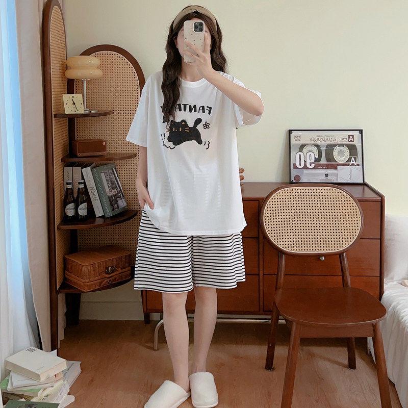 HEARMSE 睡衣女款夏季新款短袖套装五分裤卡通条纹大码家居服