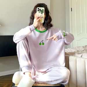 HEARMES「原创」刺绣小樱桃睡衣女春秋季纯棉长袖长裤宽松家居服
