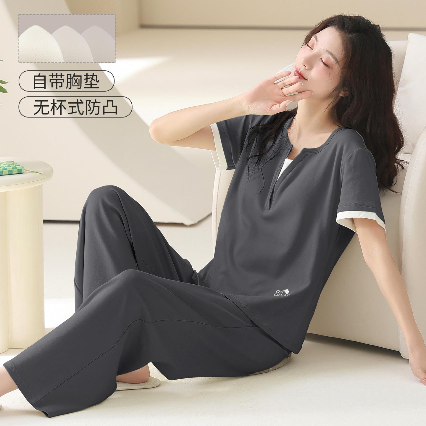 HEARMES 睡衣女夏季短袖长裤套头凉感透气夏款纯棉少女休闲家居服