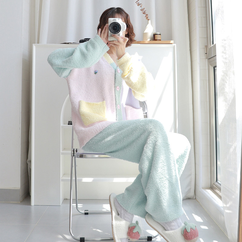 HEARMES 新款睡衣女士秋冬季半边绒珊瑚绒加厚软绵绵可外穿家居服