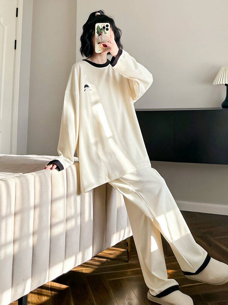 HEARMES CUTE DOLL PAJAMAS WOMENS LONG SLEEVE COTTON SPRING SOLID COLOR CASUAL CAN BE WORN LOOSE LOUNGEWEAR