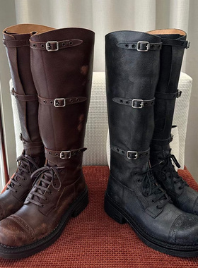 复古时装靴女经典擦色磨破战损秋冬秀款做旧绑带miu家长筒骑士靴