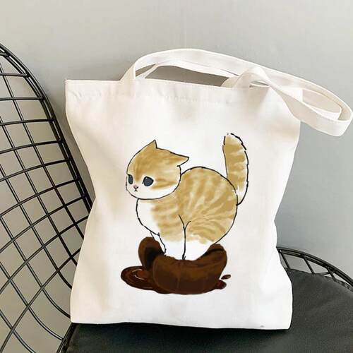 Cute Cat Canvas Tote Bag 可爱卡通猫咪印花手提包单肩帆布袋子