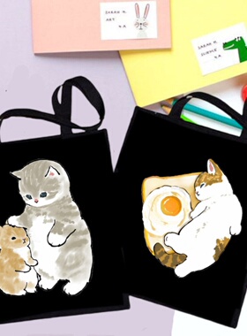 Canvas Tote Bag 时尚欧美风卡通妈咪印花黑色学生手提帆布包书包