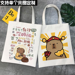 卡皮巴拉帆布包大容量可爱表情包单肩包定制带拉链学生外出手提袋