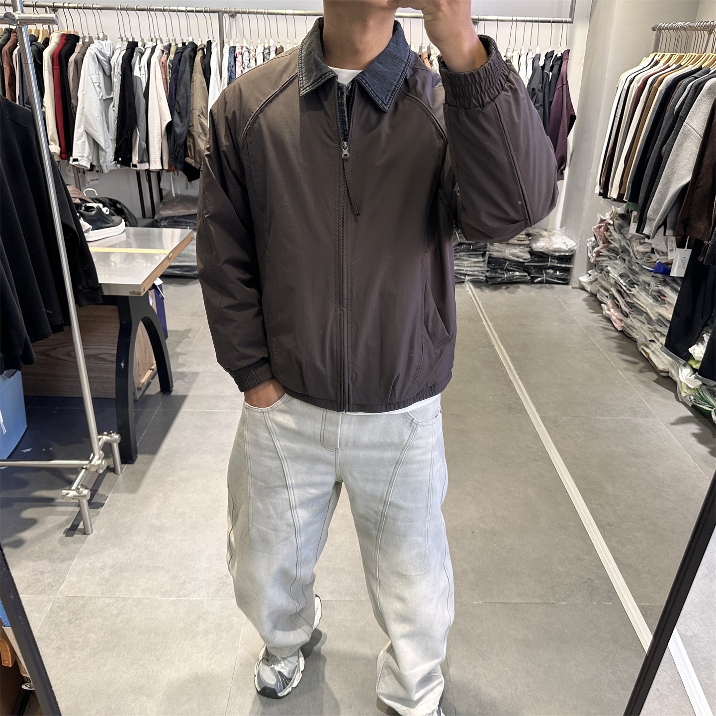 冬季设计感假两件牛仔拼接轻薄翻领羽绒服男工装90白鸭绒保暖外套