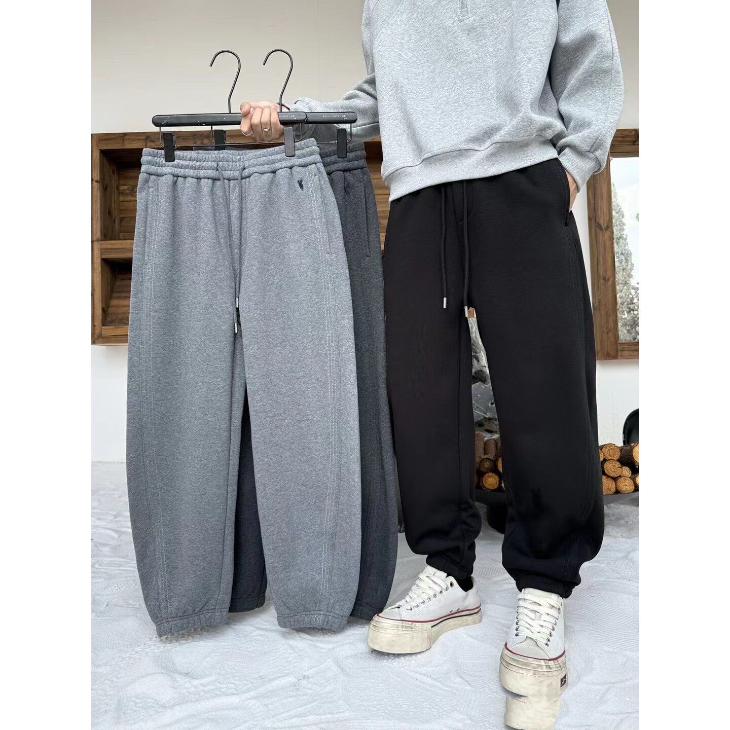 微腾冬季男简约纯色束脚加绒休闲裤韩版百搭加厚保暖针织运动卫裤