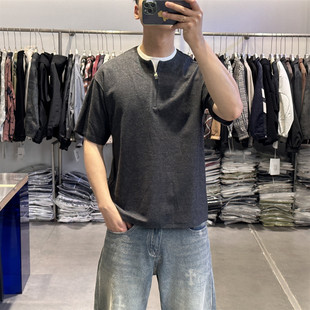 古伦尚夏季新款拼接假两件半拉链短袖T恤男老钱复古撞色半袖t上衣