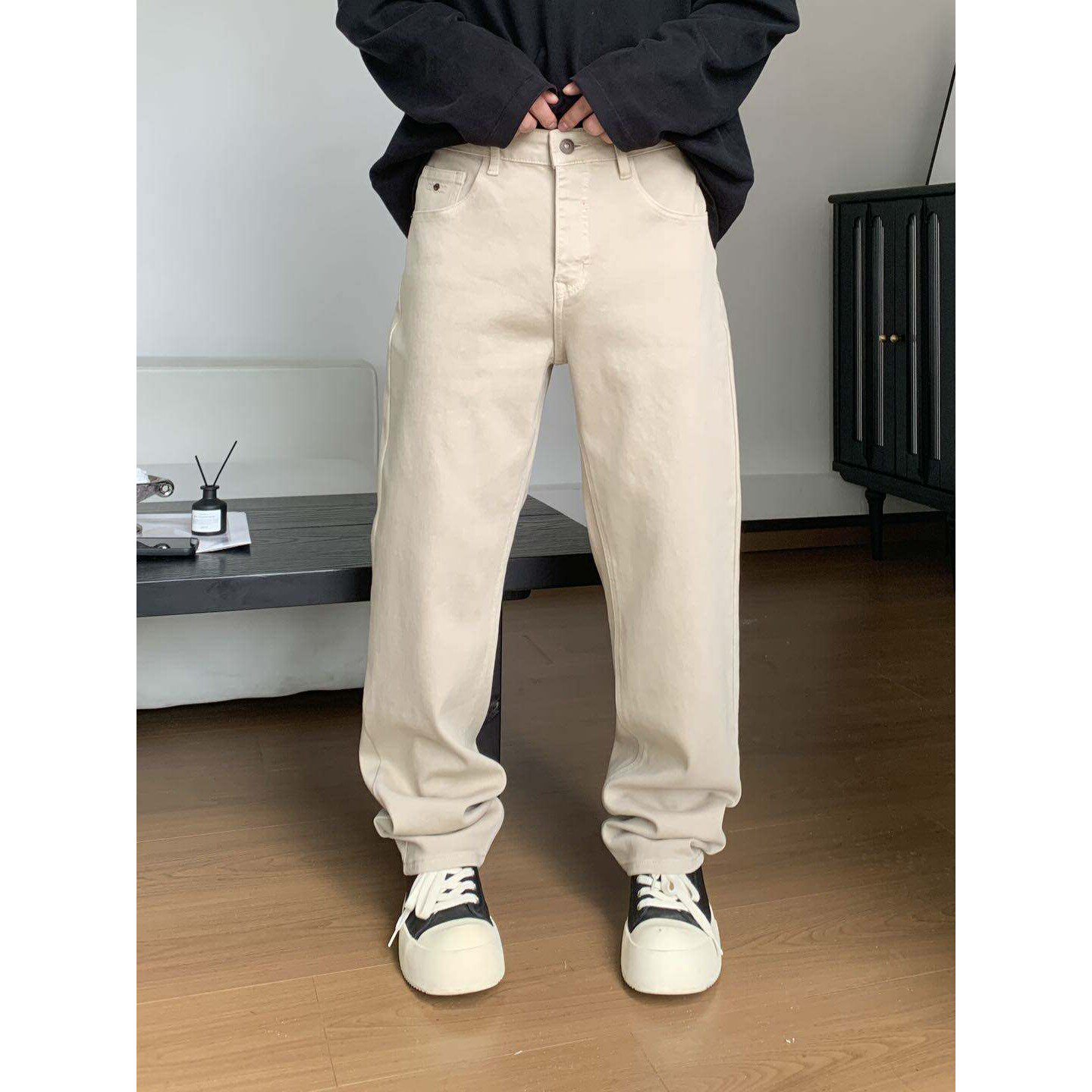 美式复古水洗做旧中直筒磨毛牛仔裤男秋冬新款宽松百搭显瘦长裤子