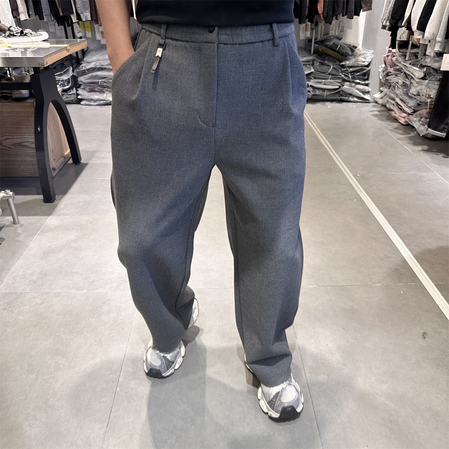 冬季纯色羊毛加厚廓形松紧腰休闲裤男日系复古宽松直筒阔腿长裤潮