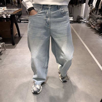 ONXE春季新款漆点水洗浅蓝色阔腿牛仔裤男美式复古宽松直筒弯刀裤