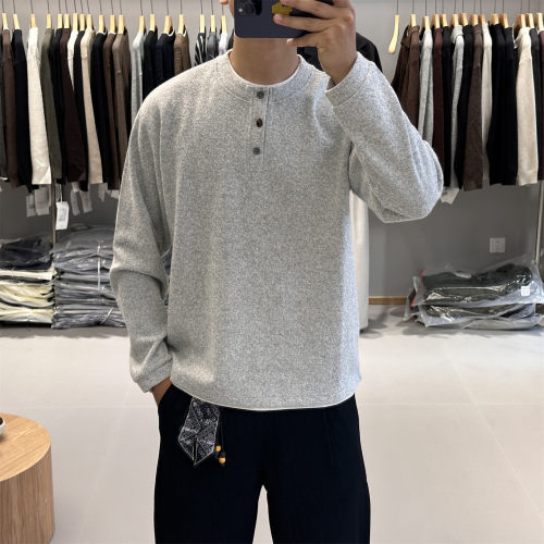 BG2秋冬拼接假两件亨利领套头卫衣男美式休闲叠穿羊毛打底衫上衣