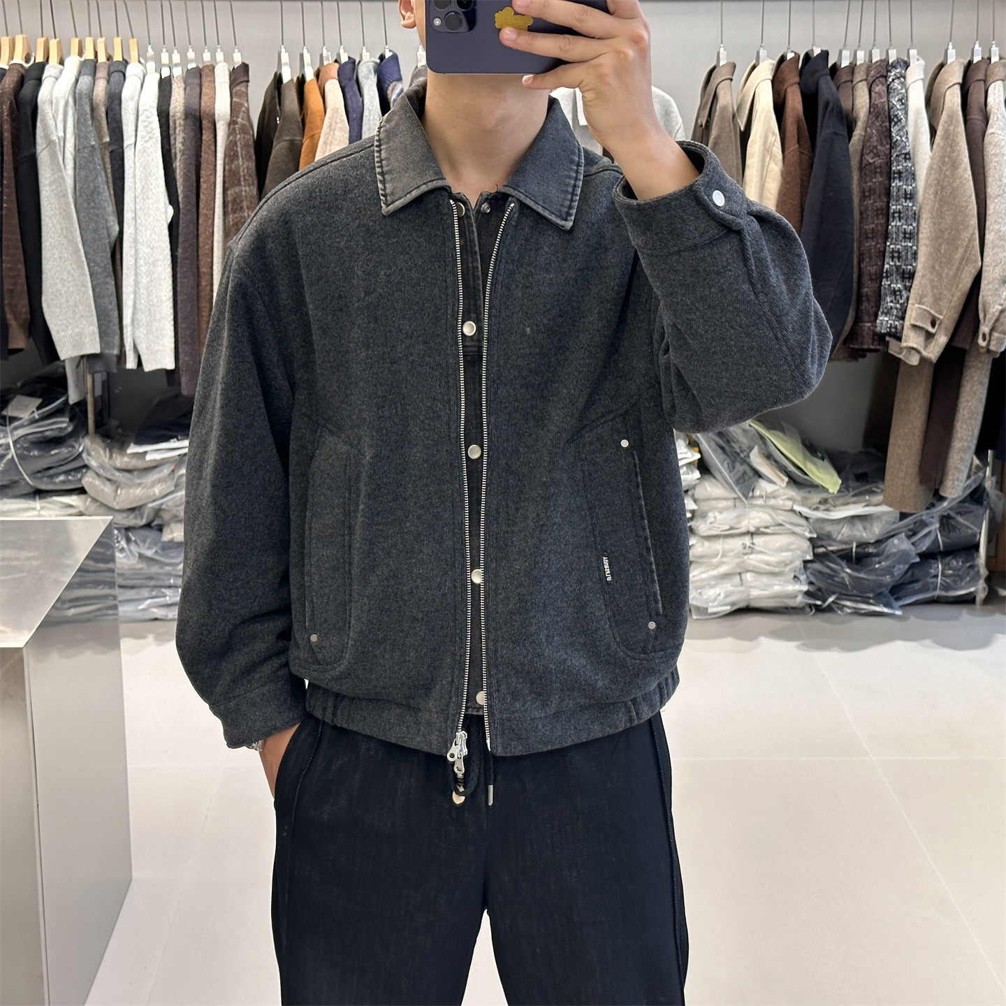 牛仔拼接假两件翻领轻薄羽绒服男冬季2026新款90鸭绒毛呢夹克外套