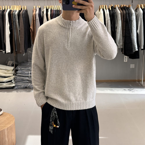 QFO秋冬季高品质纯色半拉链立领套头毛衣男韩系保暖羊毛针织外套