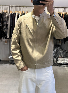 高介美式复古做旧立领皮衣外套男春季潮牌修身痞帅机车服pu皮夹克