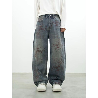 ONXE春季男复古浮雕提花休闲弯刀牛仔裤美式个性绣花痞帅阔腿长裤