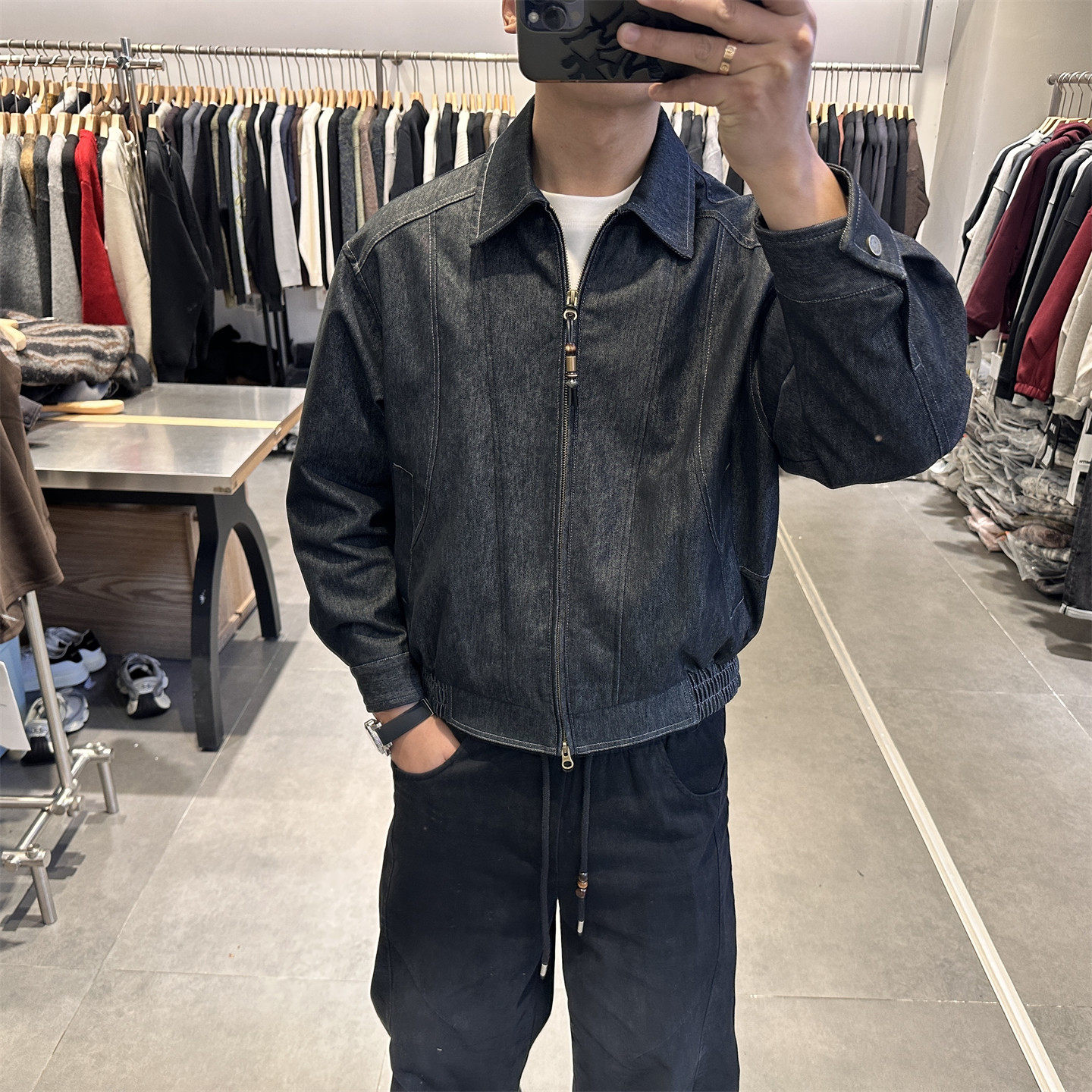 春季高级感辑明线拼接翻领牛仔夹克男美式复古水洗短款百搭外套潮,男装,牛仔外套,淘宝优惠券,粉丝福利购,淘宝优惠卷