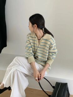 十三行2025秋冬条纹百搭显瘦长袖套头毛衣女气质v领减龄针织衫女