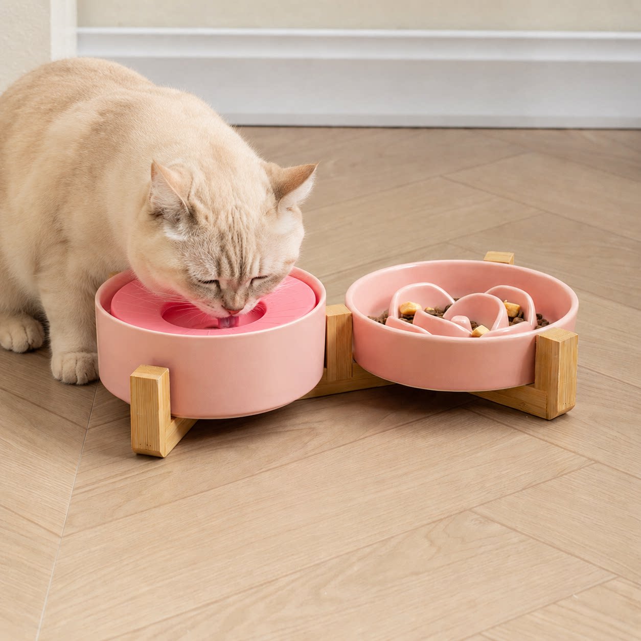 中号陶瓷MiaPet宠物碗带竹架家用防打翻猫碗狗碗带悬浮盘水碗食盆