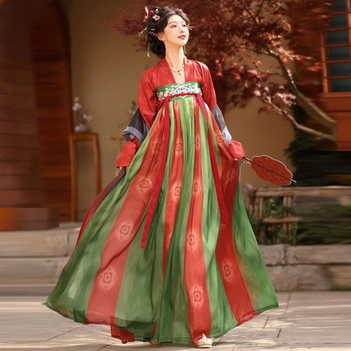 大码汉服女胖mm200斤唐制齐胸襦裙印花复原国风飘逸古风秋季套装