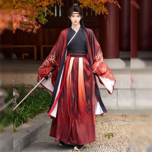 大码原创汉服男女霸气侠客飒印花黑红长裙褙子日常古风情侣套装秋